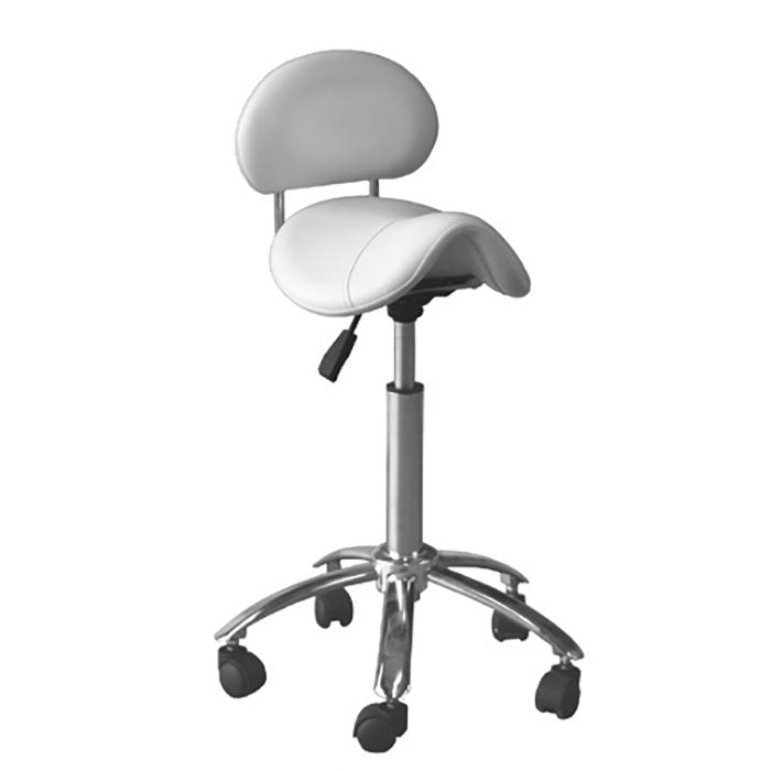 SADDLE STOOL AL BASE + BACK,TRANS WHEELS 65 (WHITE) [DEL]