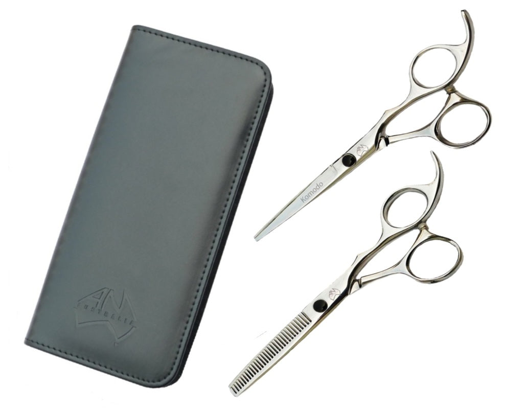 Komodo Hairdressing Set Offset Handles 5.5" Scissor & 5.5" 28 Tooth Thinner with zippered pouch