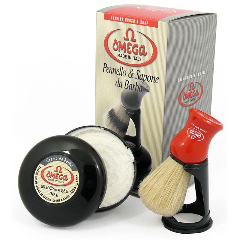 Omega Shaving Brush with Stand and Soap 100% Pure Boar Bristle