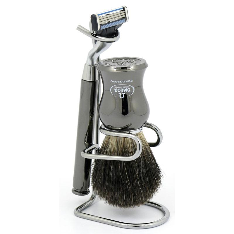 Omega Shaving Brush with Stand and Razor 100% Superior Badger Bristles X