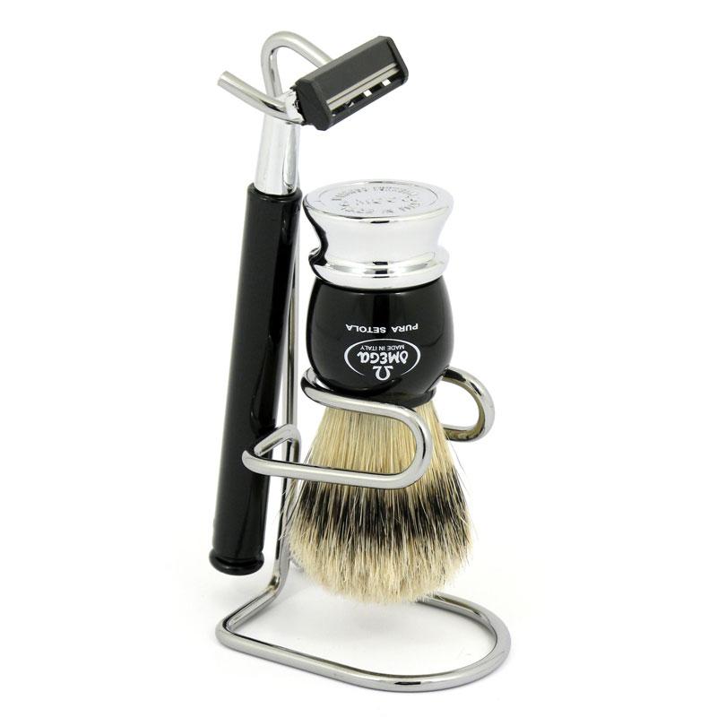 Omega Shaving Brush with Stand and Razor 100% Pure Boar Bristle X